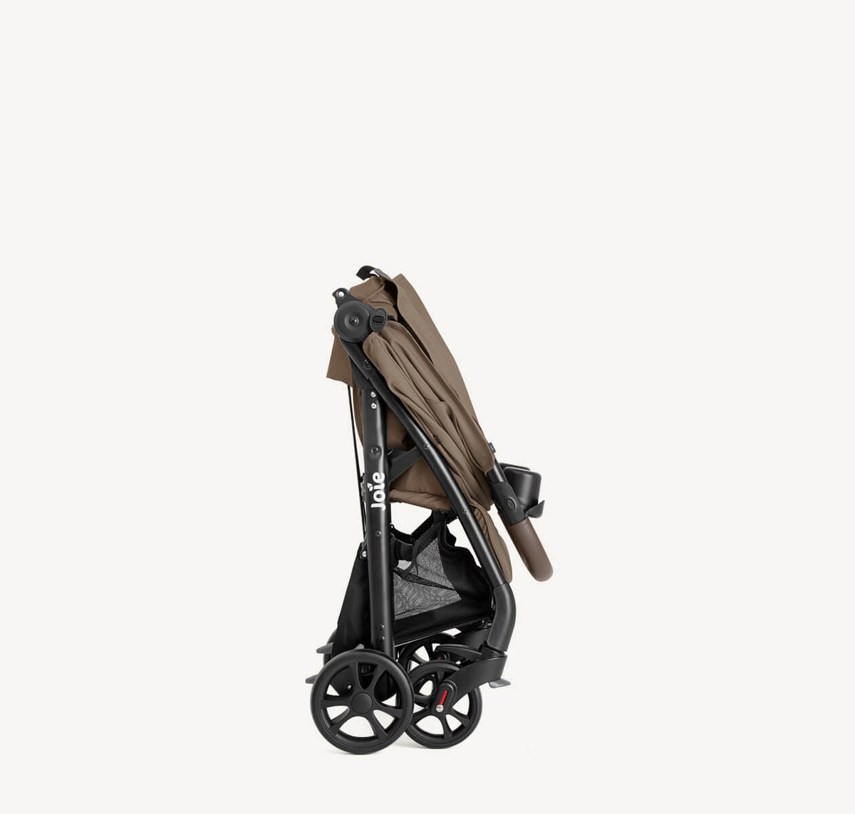 Folded Joie Muze LX Travel System stroller in Toffee, showing its compact, easy-to-carry design with sleek brown fabric.