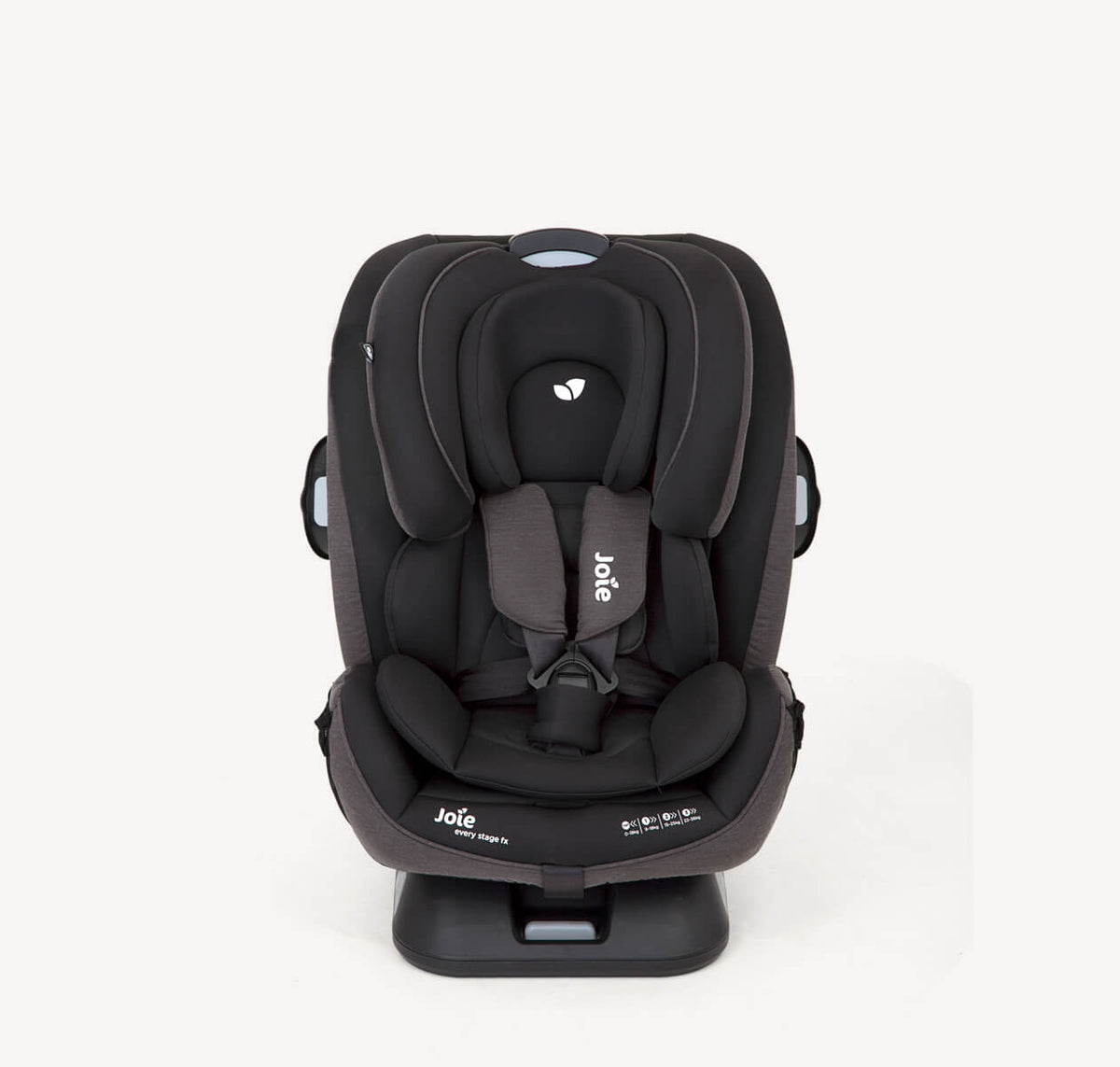 Joie Every Stage FX ISOFIX car seat in coal color with infant insert, designed for toddler and child safety.
