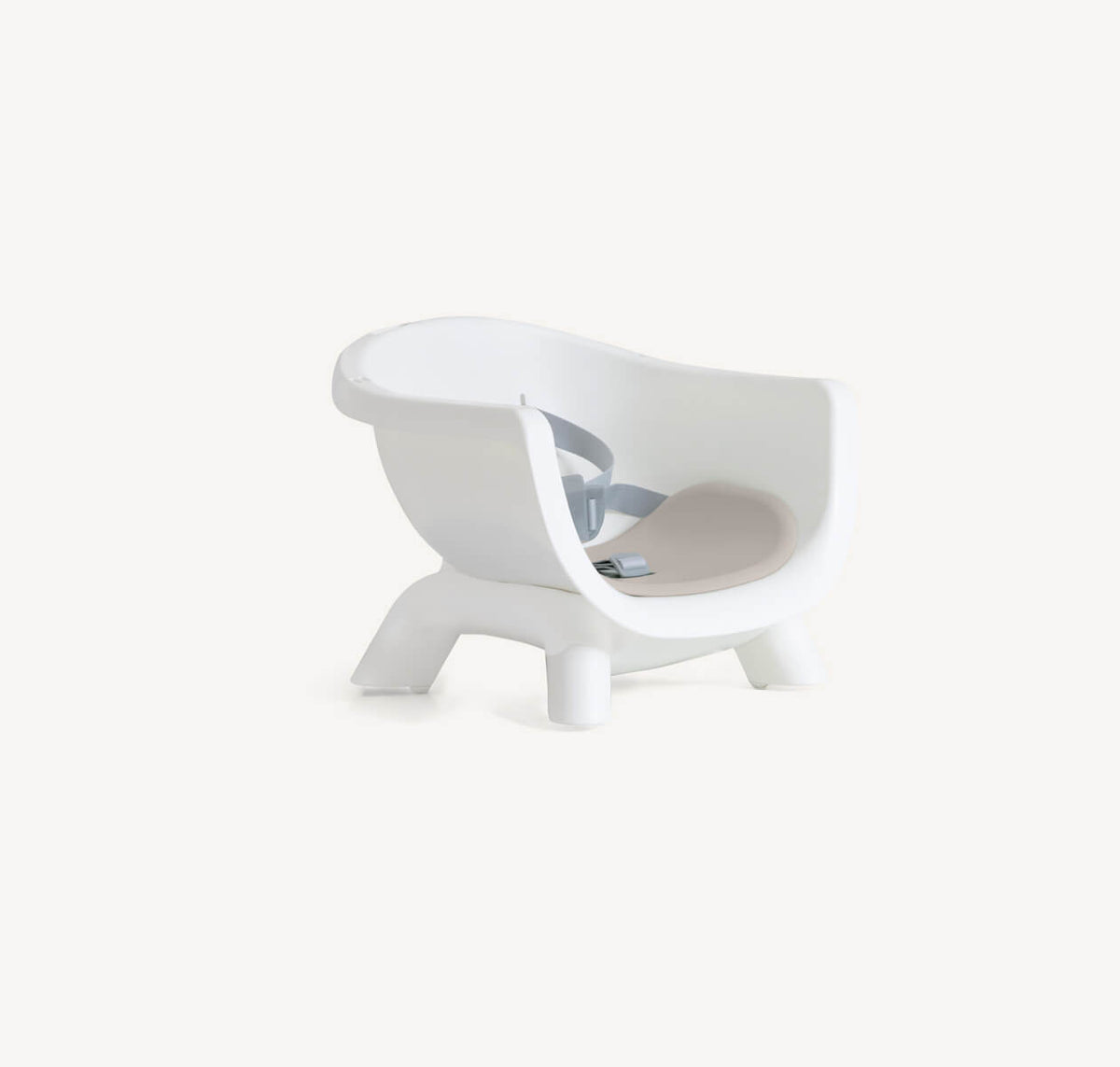 Joie Chestnut Mocha high chair with backless booster, showing side and right angle view for versatile seating and safety.