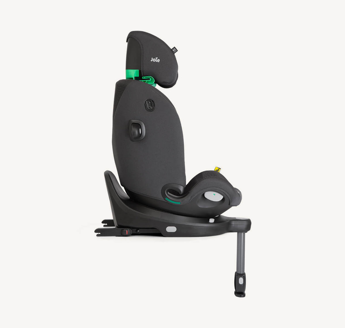 Joie i-Spin 360 Max spinning car seat in Mercury Mesh, right profile view with canopy and booster mode in a vehicle interior.