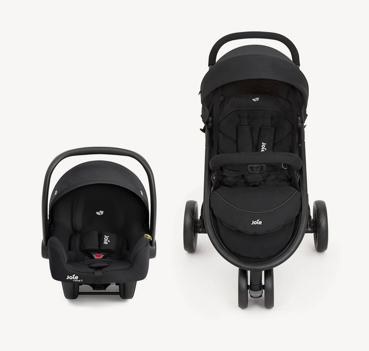 Joie Litetrax 3 travel system with i-Snug 2 infant car seat in coal, stroller with adjustable handle and large storage basket.