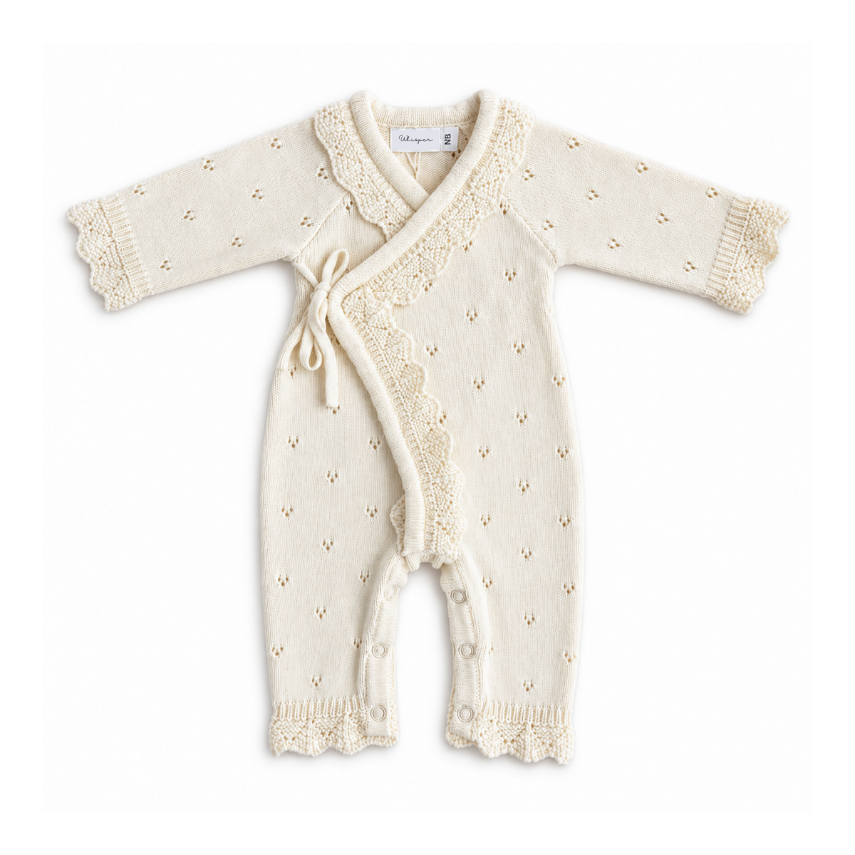 Cream Pointelle Kimono Knitted Romper for newborns by Bubbadue, showing soft fabric and delicate knit pattern.