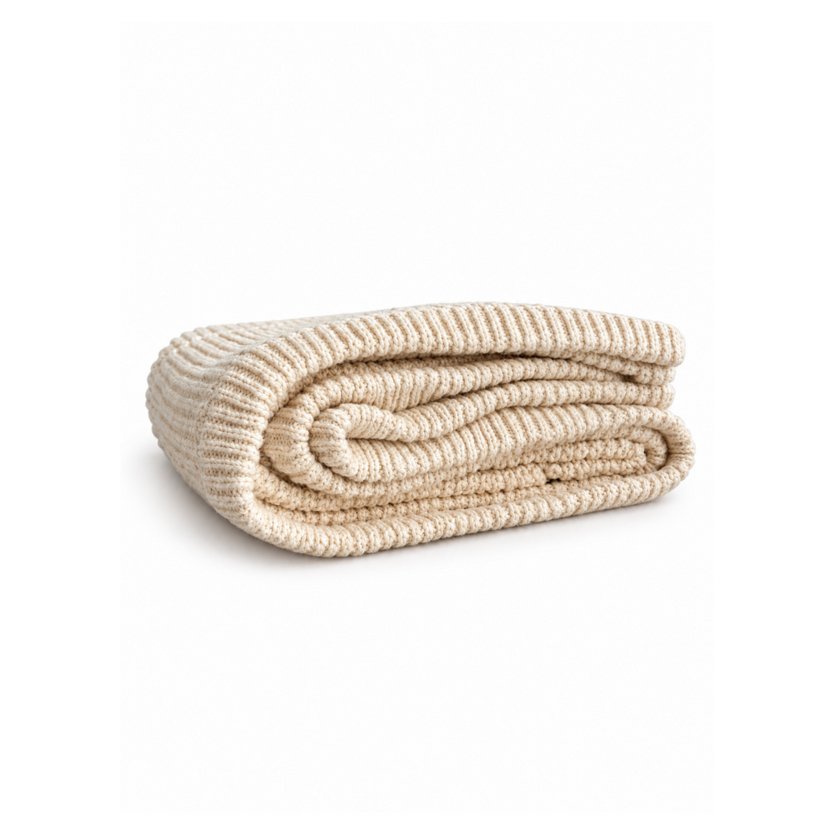 Cream-colored Bubbadue Whisper Weighted Knitted Blanket draped over a bed, showcasing its soft, cozy texture and knitted design.