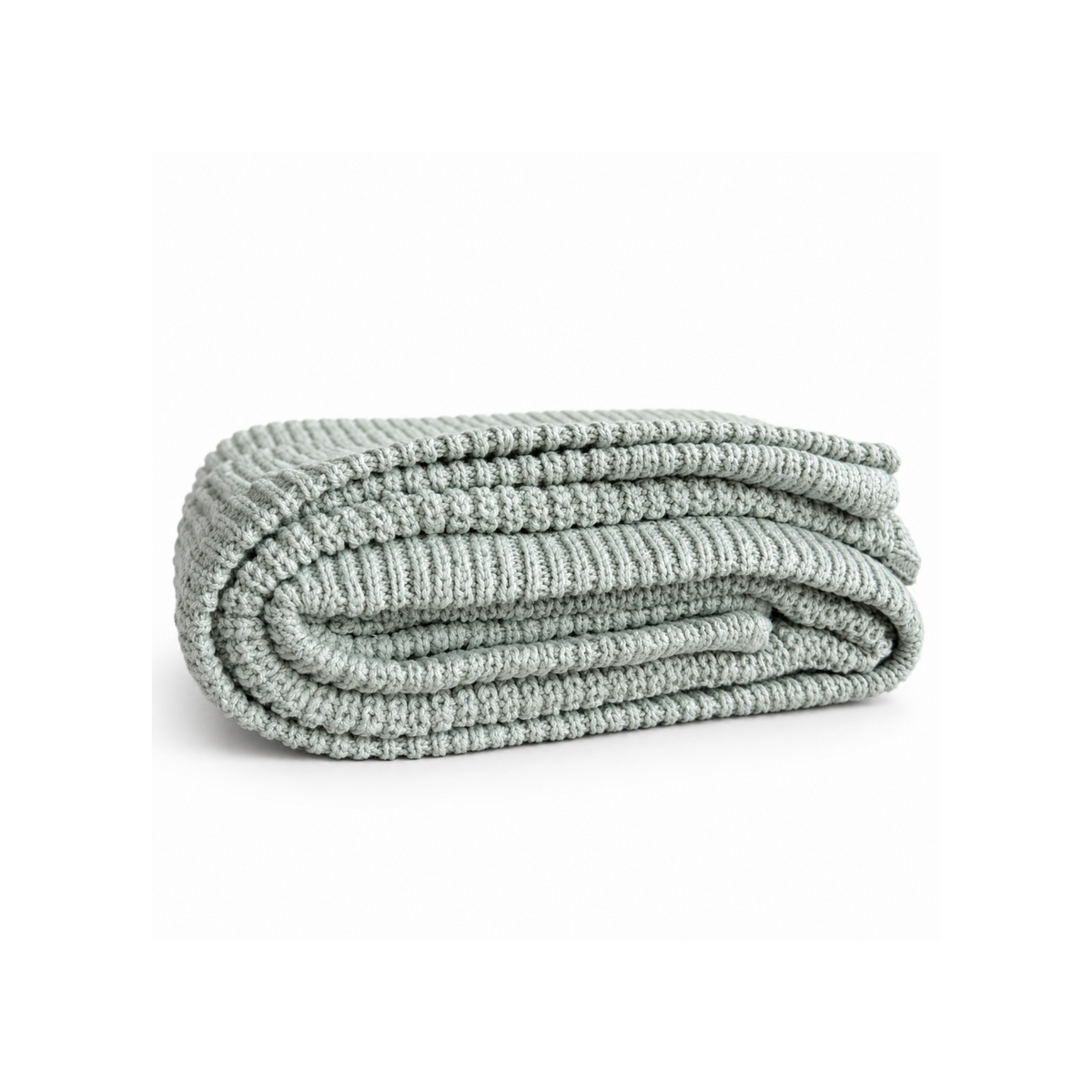 Bubbadue Duck Egg Whisper weighted knitted blanket showing soft, cozy fabric with a gentle texture and light blue color.