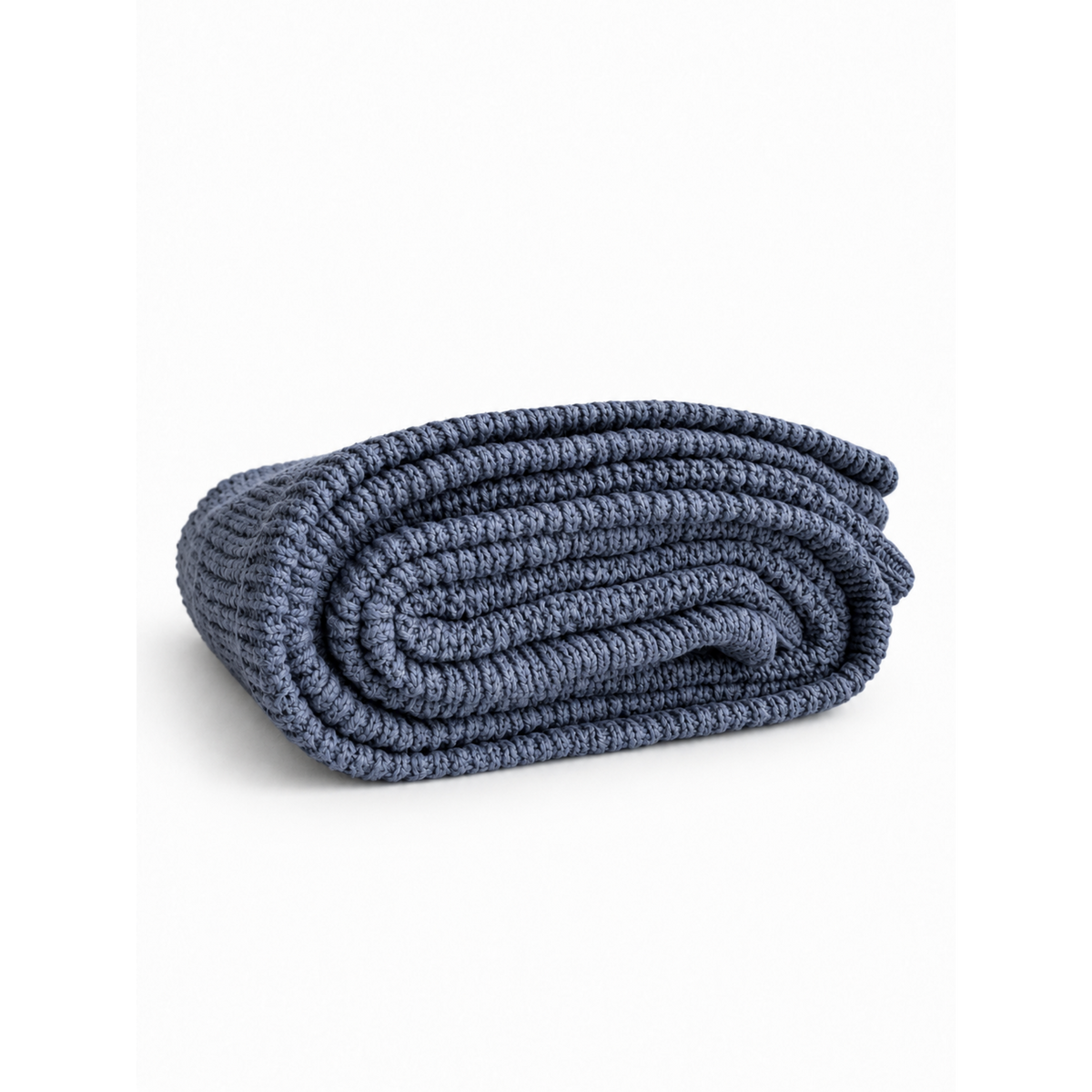 Navy Bubbadue Whisper Weighted Knitted Blanket showing soft, textured knit fabric in a cozy, calming design.