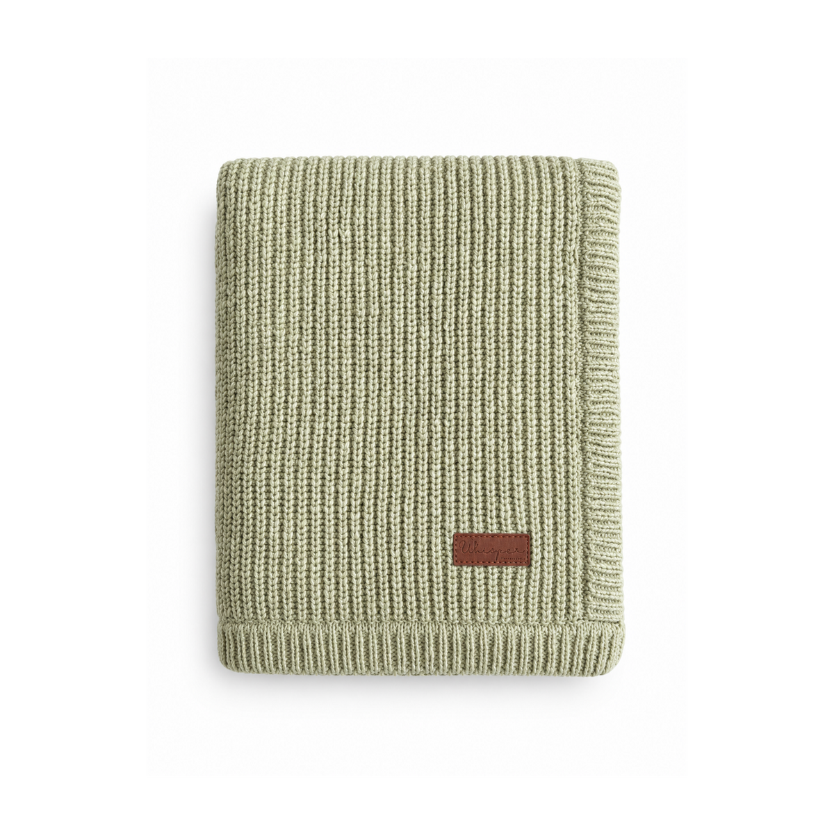 Sage Bubbadue Whisper weighted knitted blanket showing soft, textured fabric in a cozy, neutral sage green color.